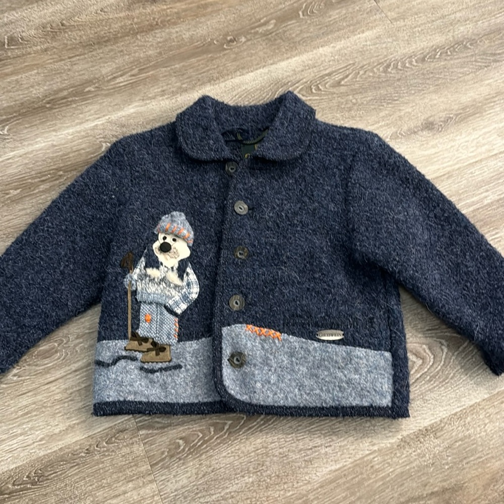 Giesswein Austria boys navy blue cardigan jacket sz 4 wool mohair alpaca mix